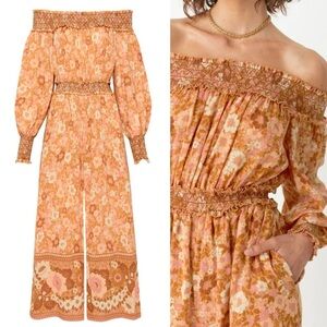 Spell Anne Smocked wide leg jumpsuit XS Peach antique floral off shoulder cotton